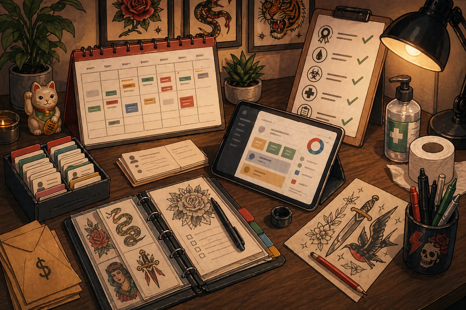 Tattoo artist business planning desk with studio operations notes