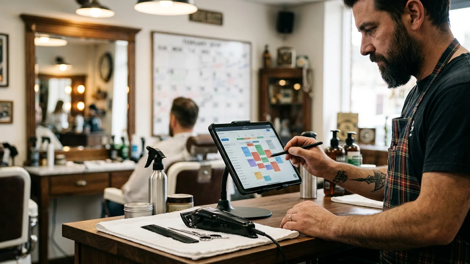 Barber shop appointment workflow detail with booking tablet