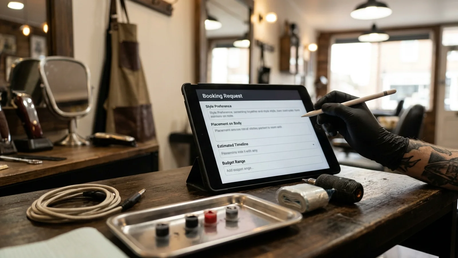 Tattoo artist reviewing booking requests on tablet in studio