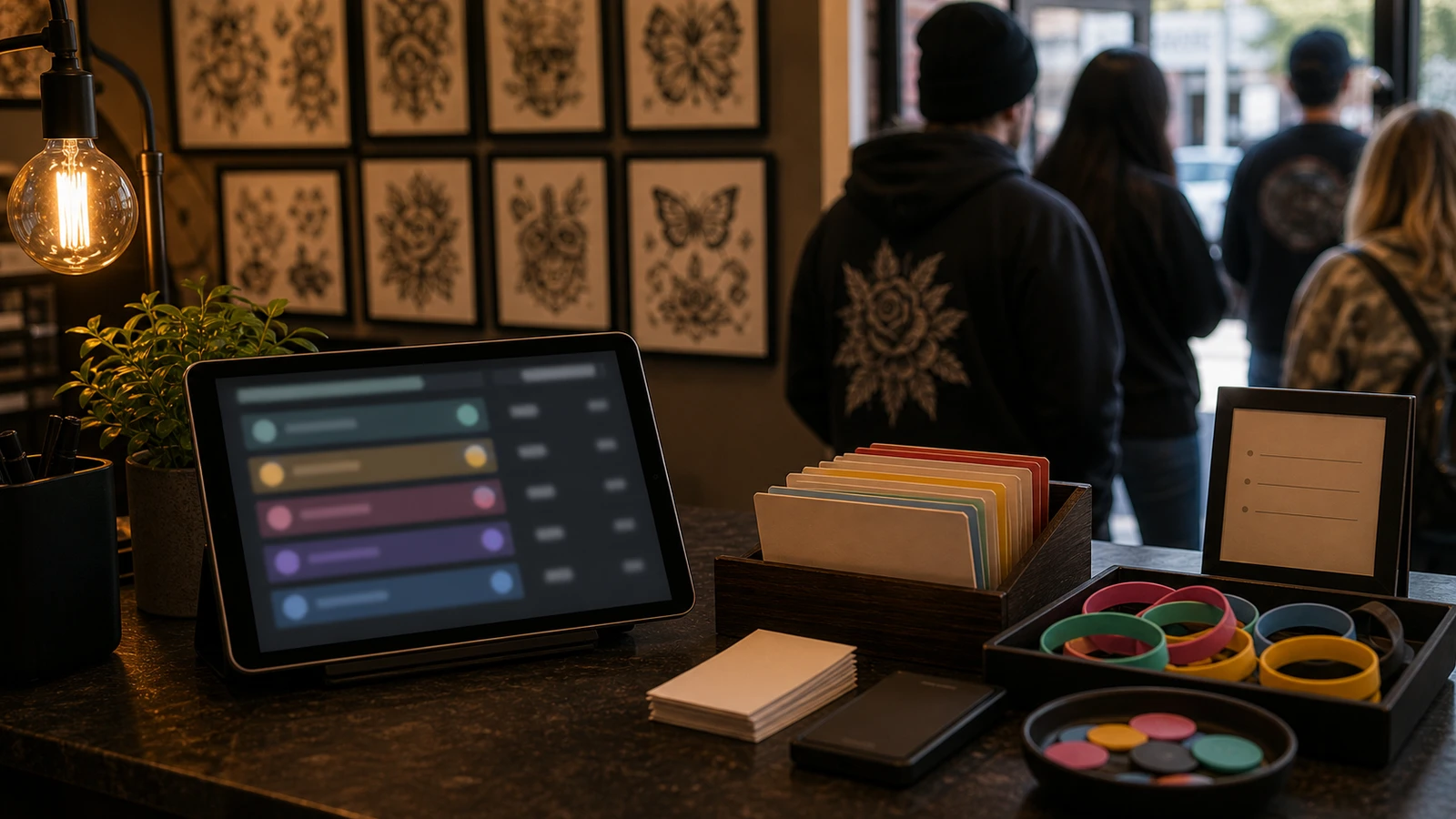 Flash day check-in counter with blurred queue tablet, blank waiver cards, colored wristbands, and clients silhouetted from behind