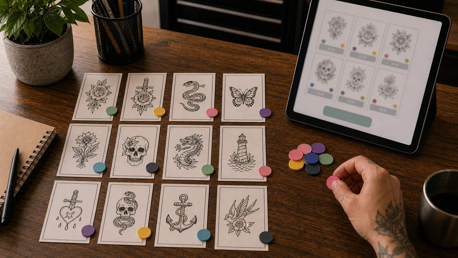 Grid of whole-sheet flash cards with colored claim tokens beside a blurred booking page on a tablet