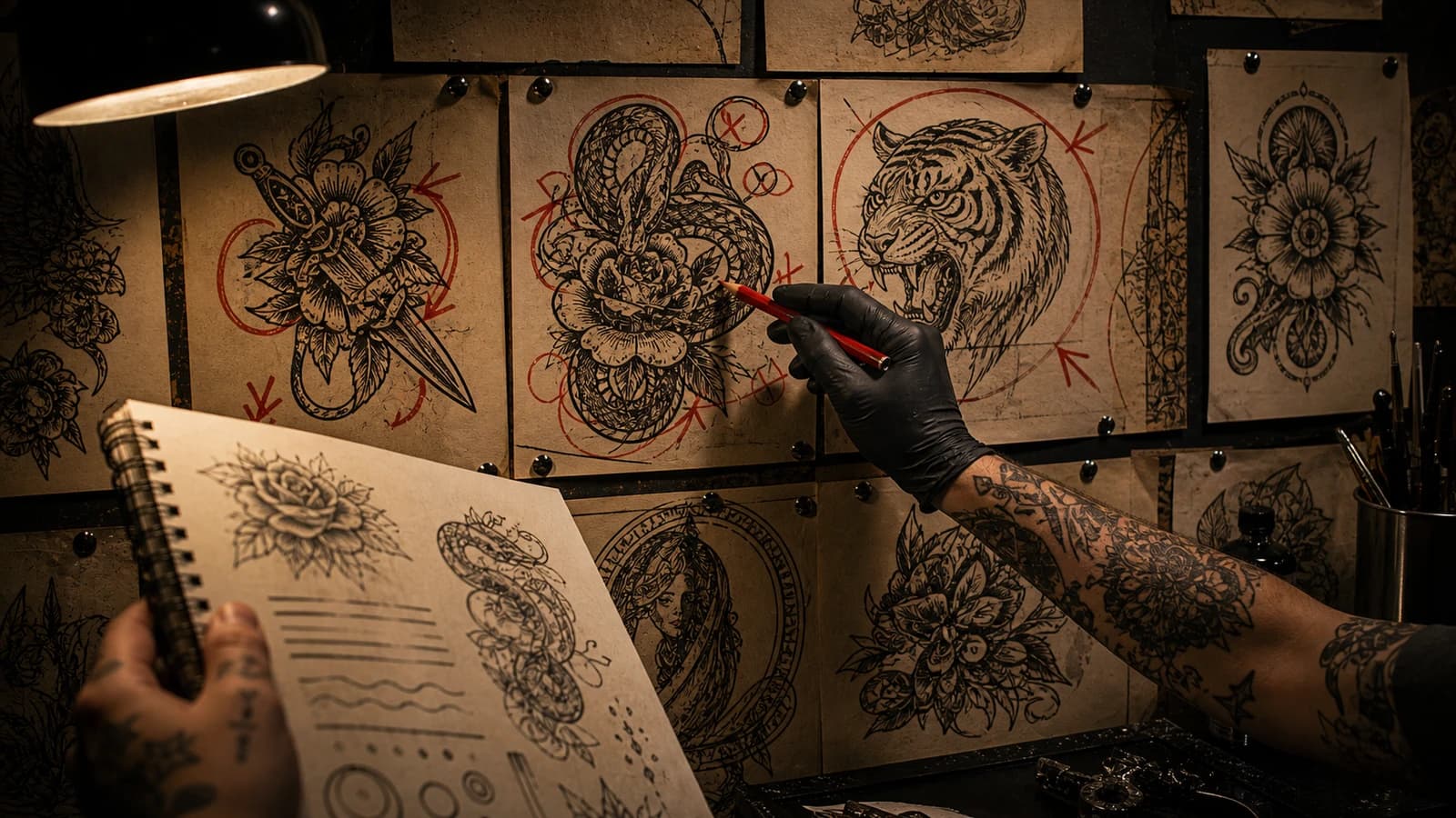 Gritty LVL2-style tattoo shop critique scene with a mentor reviewing an apprentice's flash drawings