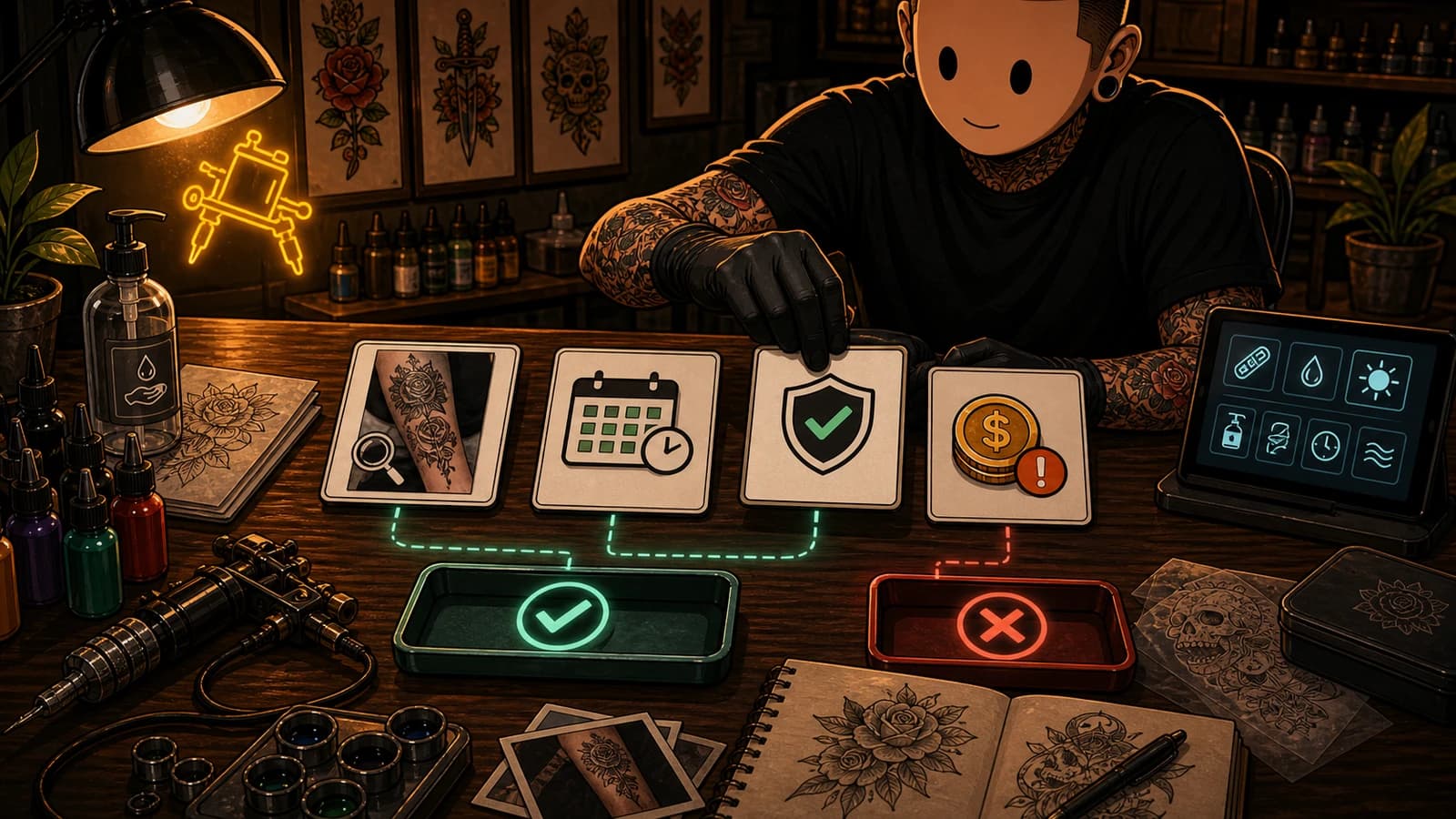 LVL2-style tattoo studio policy desk organizing touch-up decision cards