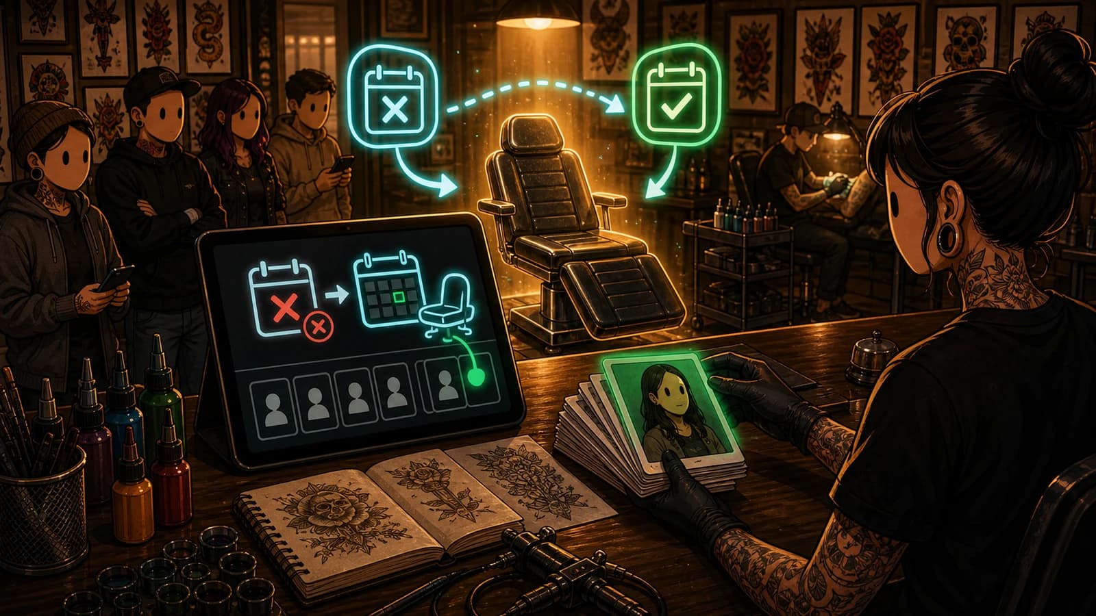 LVL2-style illustration of an open tattoo appointment slot being filled from a waitlist