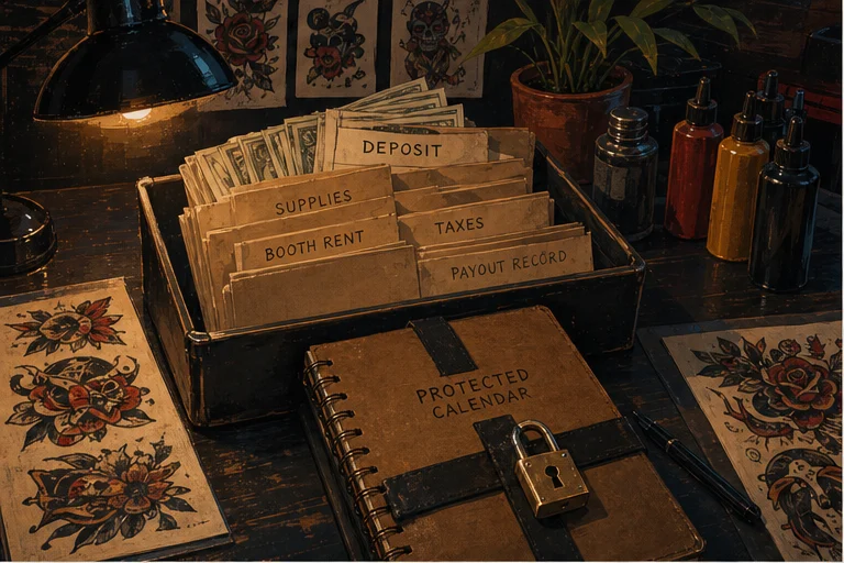 Illustrated tattoo studio finance envelopes and protected calendar