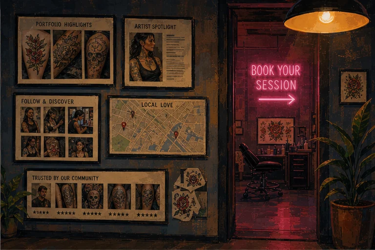 Illustrated tattoo portfolio and client discovery wall leading to a booking doorway
