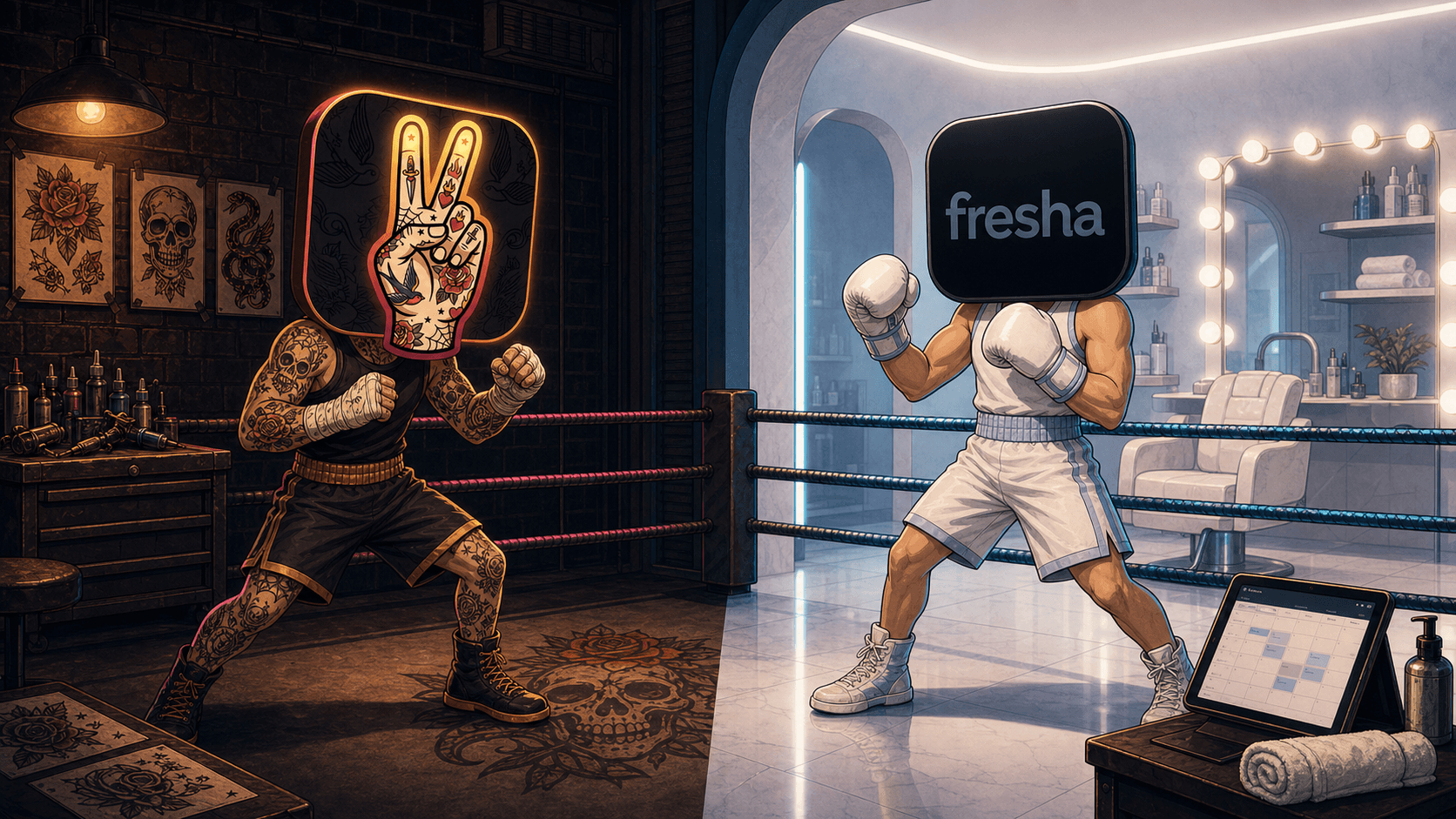 LVL2's tattoo-shop boxer facing Fresha's boxer in the ring