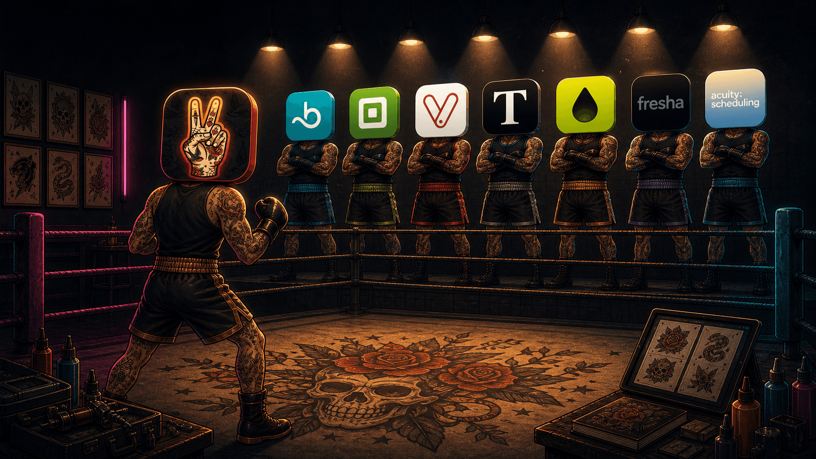 LVL2's tattoo-shop boxer facing a lineup of seven competitor boxers in the ring