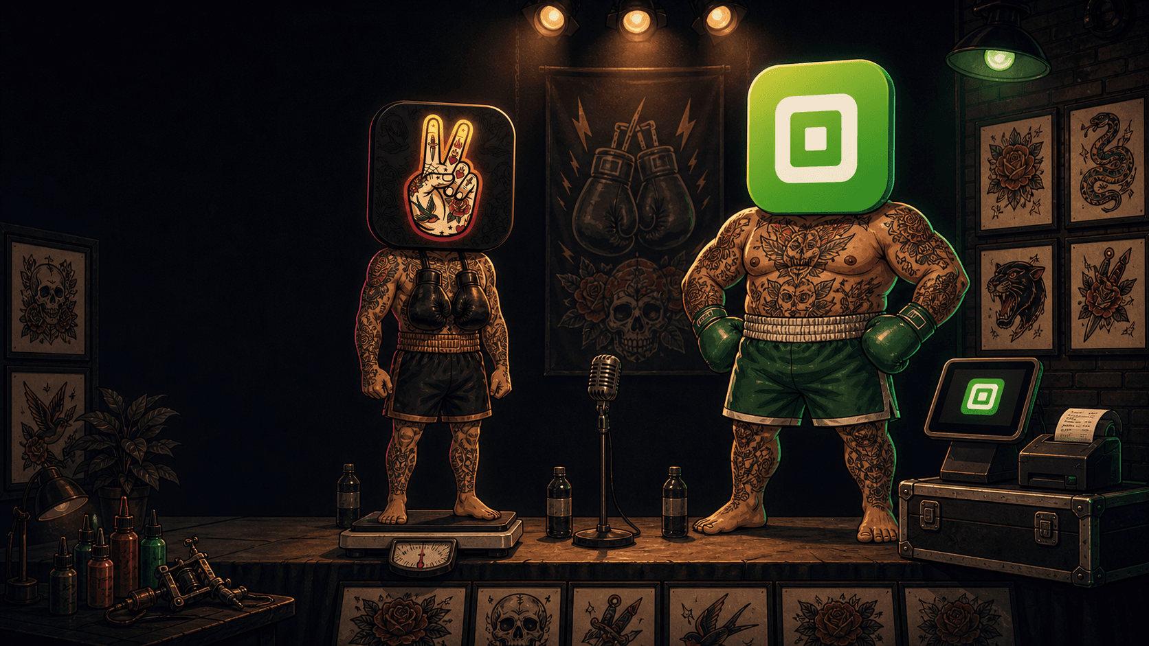 LVL2's tattoo-shop boxer facing Square's boxer in the ring