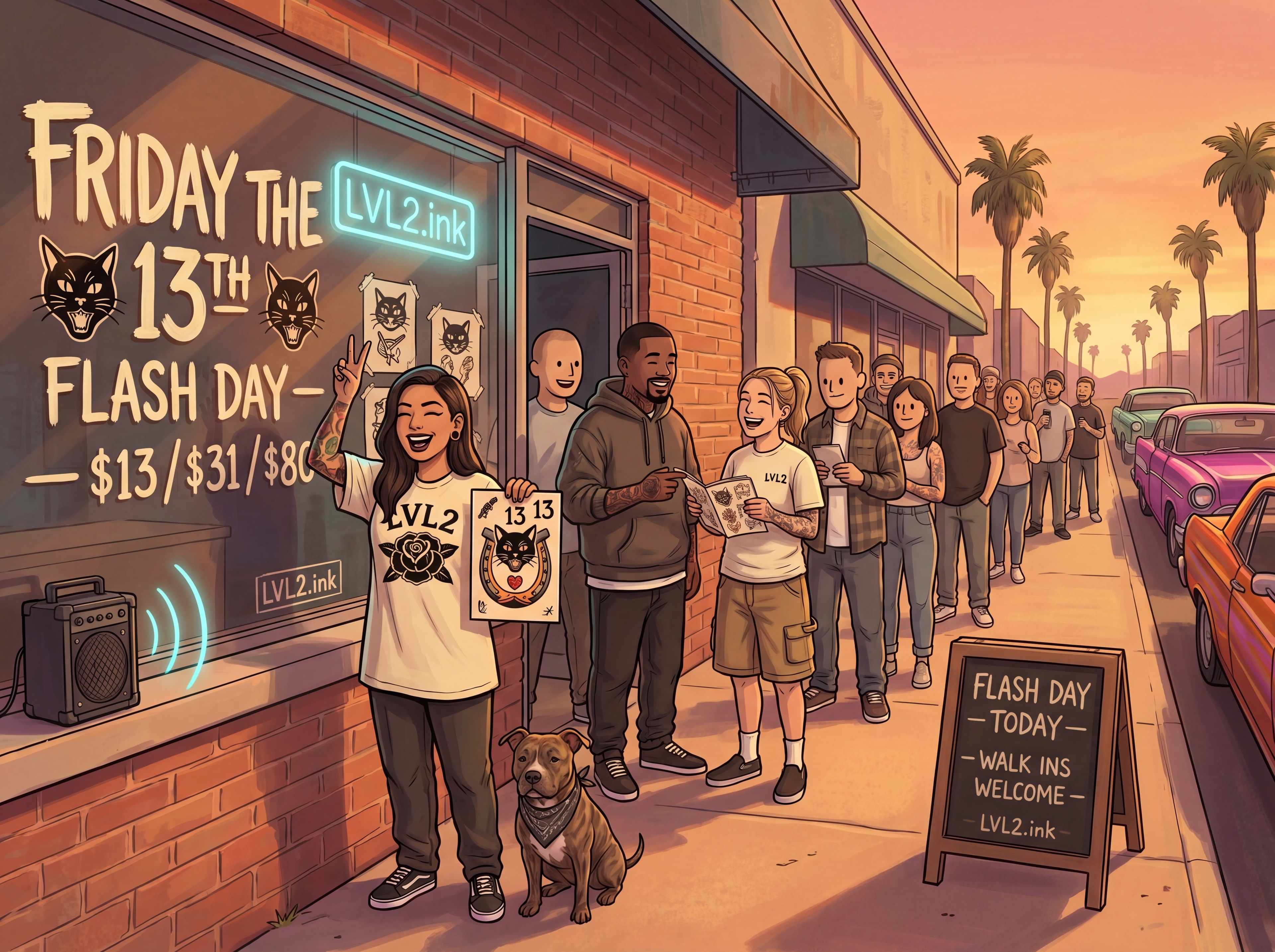 Flash day line outside a tattoo shop at golden hour