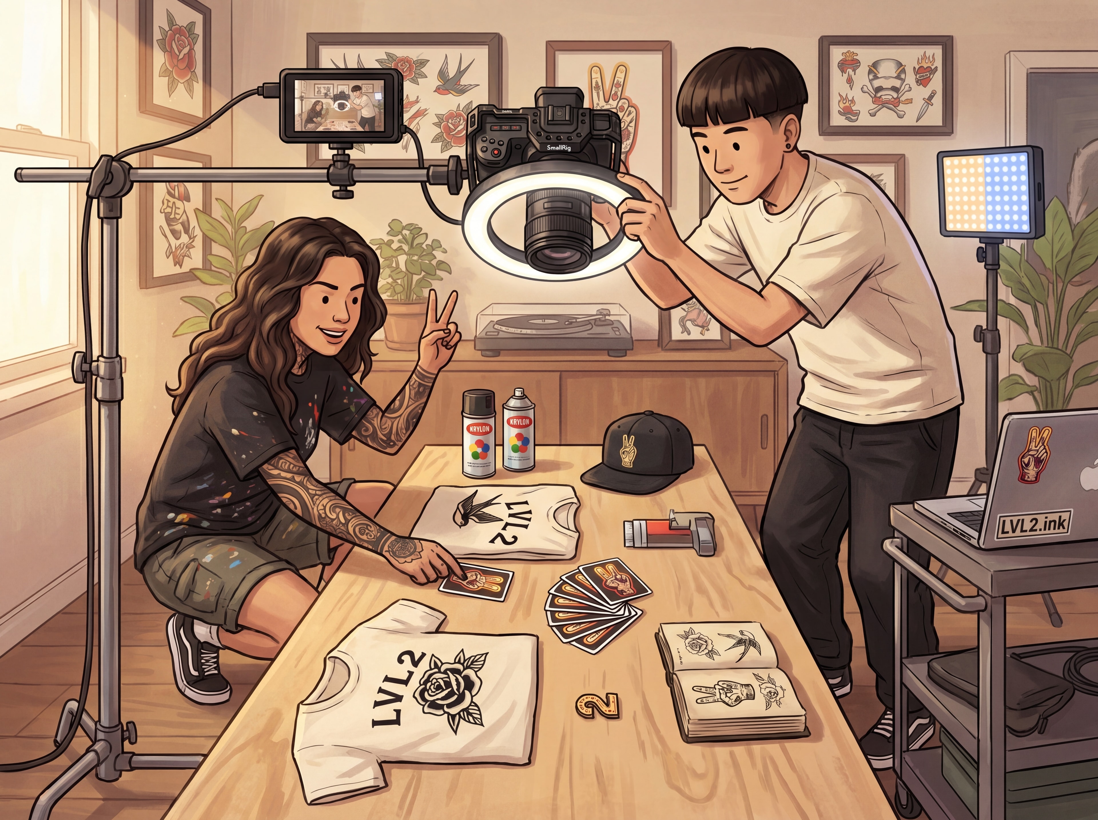 Flash sheet tabletop product shoot in a tattoo studio